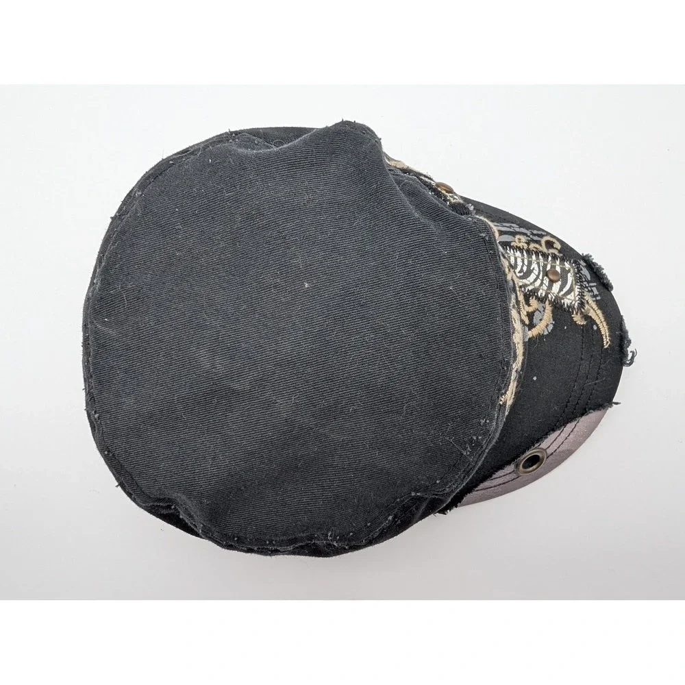 KBETHOS Black Distressed Cadet Hat Zebra Cross Studded Military Cap Adjustable